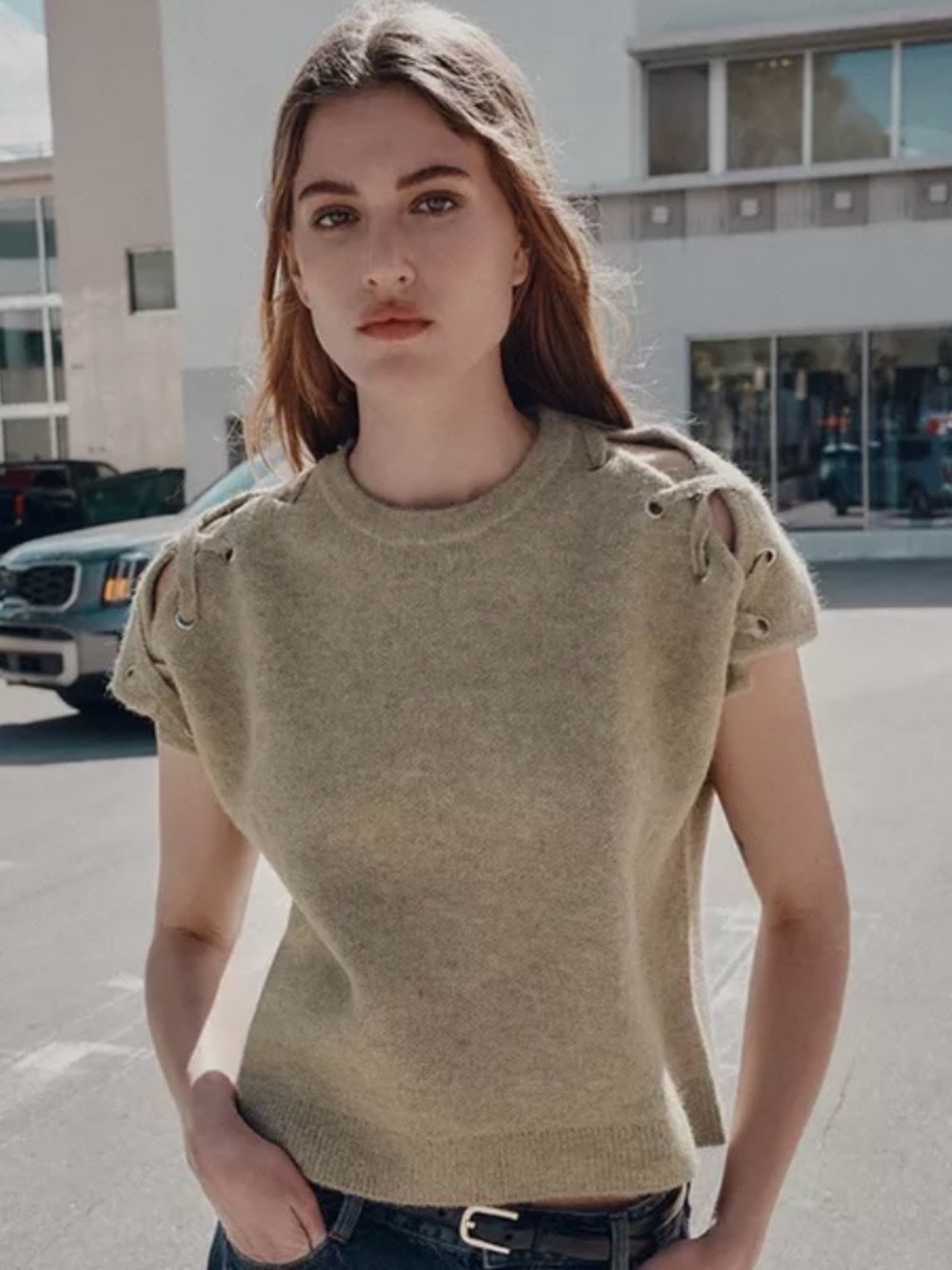 ZARA Ecru Khaki Eyelet Lace-Up Shoulder Knit Top S NWT